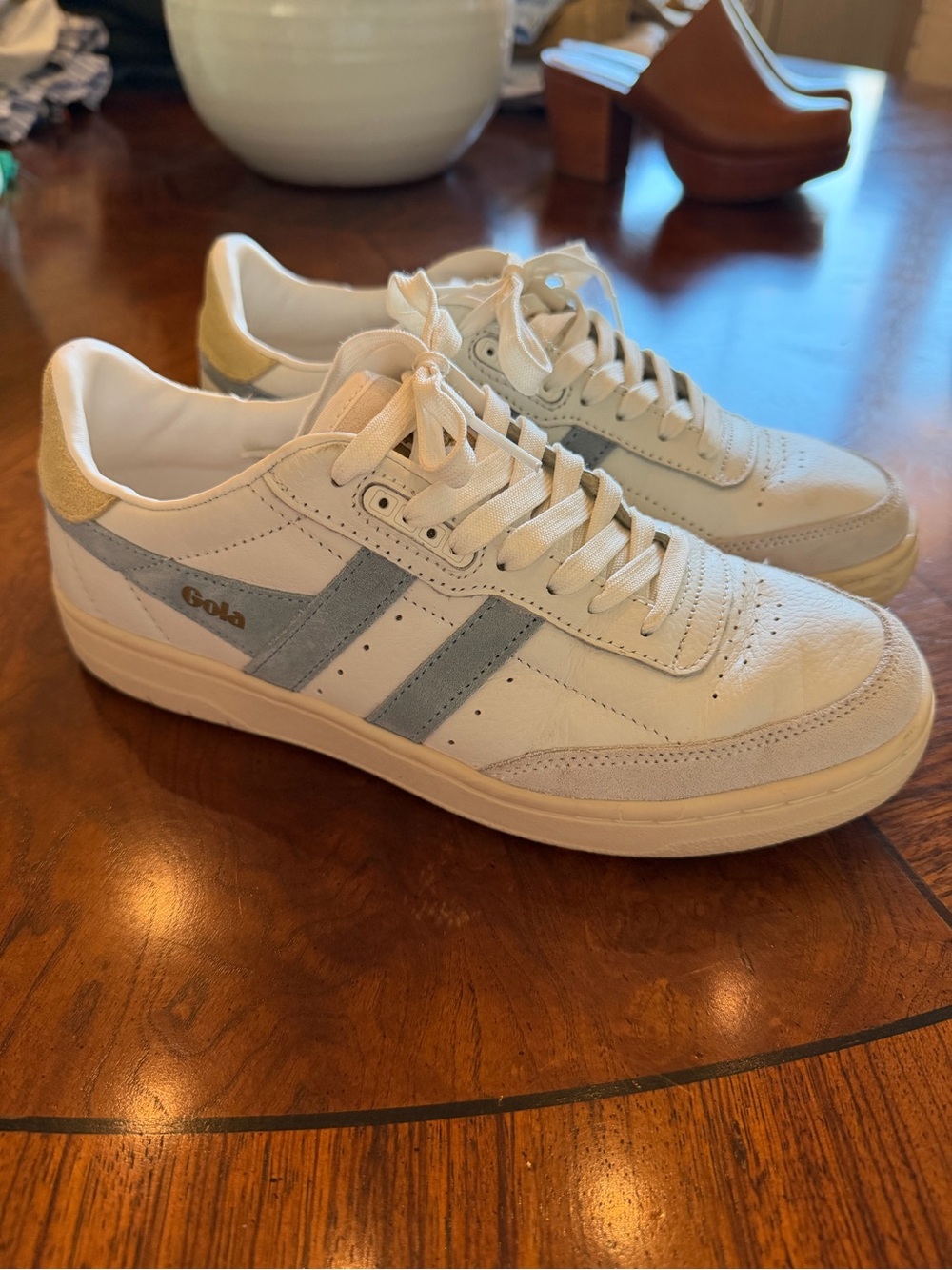 Gola women’s White Leather Sneakers with Light Blue suede Stripes